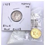 1939 Mercury Dime w/ Blank Error + Gold Plated