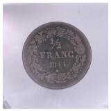 1844 Belgium Silver Half Franc Coin