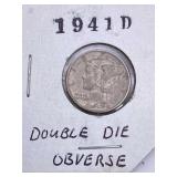 1941-D Double Die Mercury See Letter In God We