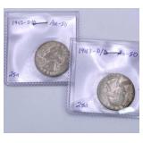 1942 D/D, 1943 D/D Washington Silver 25 Cent Nice