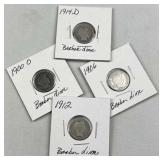(4) 1900-1914 Barber Silver Dimes, US 90% Coins