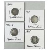 (4) 1905-1911 Barber Silver Dimes, US 90% Coins