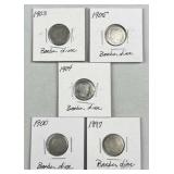 (5) 1897-1905 Barber Silver Dimes, US 90% Coins