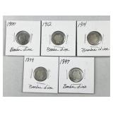 (5) 1897-1914 Barber Silver Dimes, US 90% Coins