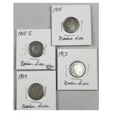 (4) 1899-1915 Barber Silver Dimes, US 90% Coins