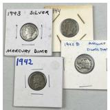 (4) Silver Mercury Dimes, 1942-44 WWII Era 90%