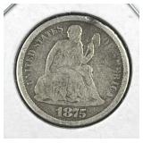 1875 Seated Liberty Silver Dime, US 90% 10c