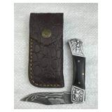 Damascus Steel Folding Blade Knife w/ Sheath