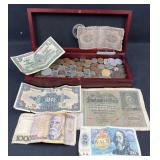Cherrywood Box w/ World Coins & Curreny