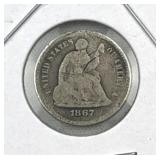 1867-S Seated Liberty Silver Half Dime, 90% 5c