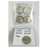 (5) 1946-1964 Silver Roosevelt Dimes, US 90%