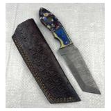 Damascus Steel Fixed Tanto Blade Knife w/ Sheath