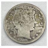 1908-S Barber Silver Half Dollar, US 90%