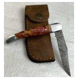 Damascus Steel Folding Blade Knife w/ Sheath
