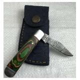 Damascus Steel Folding Blade Knife w/ Sheath