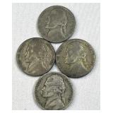 (4) 1942-45 Silver WWII War Nickels, US 35%