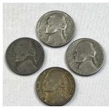 (4) 1942-45 Silver WWII War Nickels, US 35%