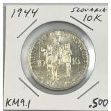 1944 Silver Slovakia 10 Korun WWII Era w/ Luster