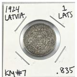 1924 Silver Latvia 1 Lats .835 Silver Coin