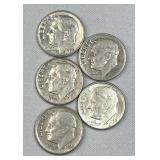 (5) 1946-64 Silver Era Roosevelt Dimes, US 90%