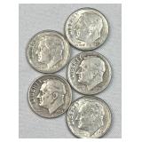 (5) 1946-64 Silver Era Roosevelt Dimes, US 90%