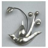 925 Silver Vintage Modernist Botanical Bird Brooch