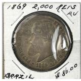1869 Silver Brazil 200 Reis AU Strike Thru 90%