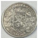 1850 Belgium Silver 5 Francs, Leopold I 90%