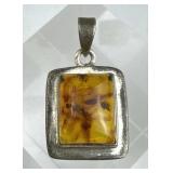 925 Silver Rectangle Amber Pendant