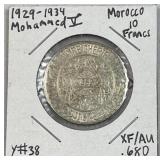 1929-34 Silver Morocco 10 Francs XF/AU .680