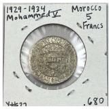 1929-34 Silver Morocco 5 Francs XF .680