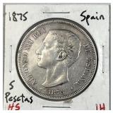 1875 Spain Silver 5 Pesetas, Alfonso XII, 90%