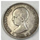 1888 Spain Silver 5 Pesetas,  Alfonso XIII, 90%