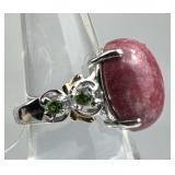 925 Silver Thulite Cab White Topaz, Tsavorite Ring