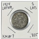 1924 Silver Latvia 1 Lats .835 Coin