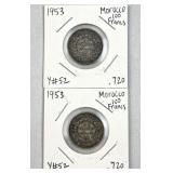 (2) 1953 Silver Morocco 100 Francs .720