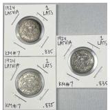 (3) 1924 Silver Latvia 1 Lats .835 Coins