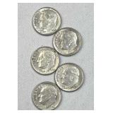 (5) 1946-64 Silver Era Roosevelt Dimes, US 90%
