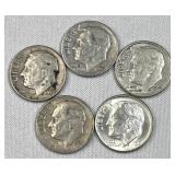 (5) 1946-64 Silver Era Roosevelt Dimes, US 90%