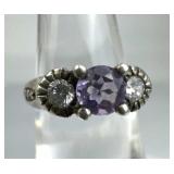 925 Silver Vtg. Center Amethyst & Quartz Ring