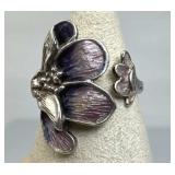 925 Silver Vtg. Scottish Enamel Flower Adjustable
