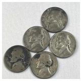(5) 1942-45 Silver WWII War Nickels, US 35%