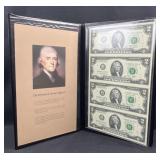 2009 US (4) $2 Bill Uncut Sheet, Mint, Thomas J.