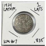 1924 Latvia Silver 1 Lats Coin .835 Purity