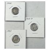 (3) 1941-1944 Mercury Silver Dimes US 90%