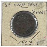 1853 US Braided Hair Large Cent, 1c Coin, Holed