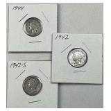 (3) 1942-1944 Mercury Silver Dimes US 90%