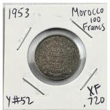 1953 Morocco Silver 100 Francs, XF .720