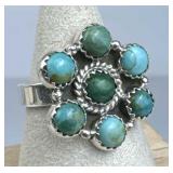 925 Silver Adjustable  Kingman Turquoise Flower Ri