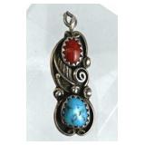 925 Silver Vtg Native Turquoise & Coral Pendant